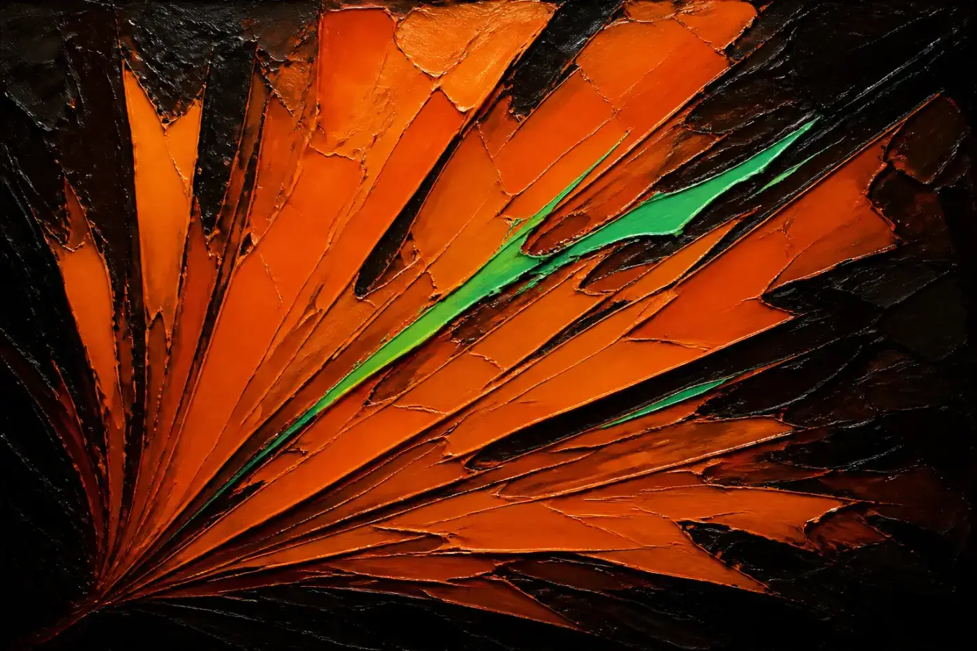Abstract oil painting — a bright green detonation in one corner throwing orange outward