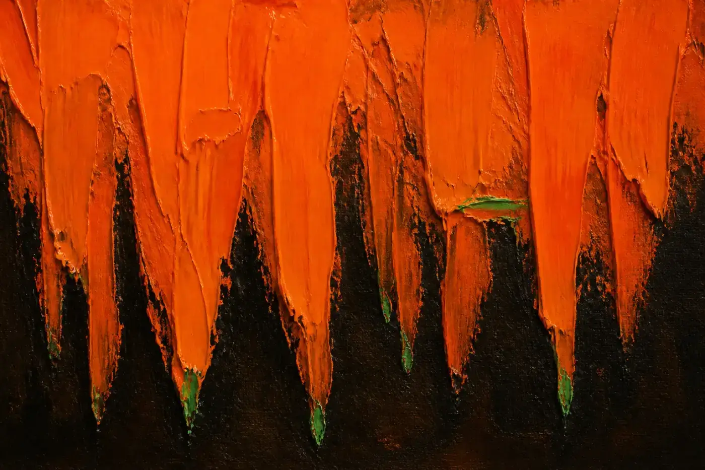 Abstract oil painting — orange forms hanging and dripping downward, each tip catching a small green flare