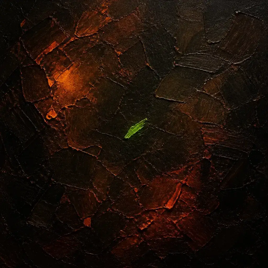 Abstract oil painting — a mostly dark warm canvas with a single bright green spark among orange embers