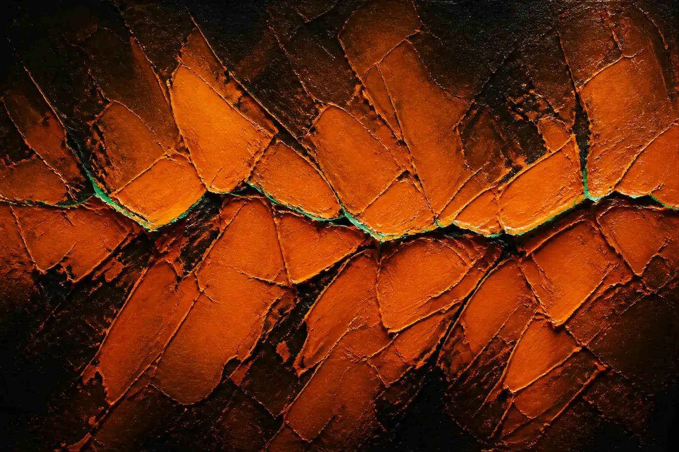 Abstract oil painting — a jagged orange spine across the canvas with a hairline green seam riding the ridge