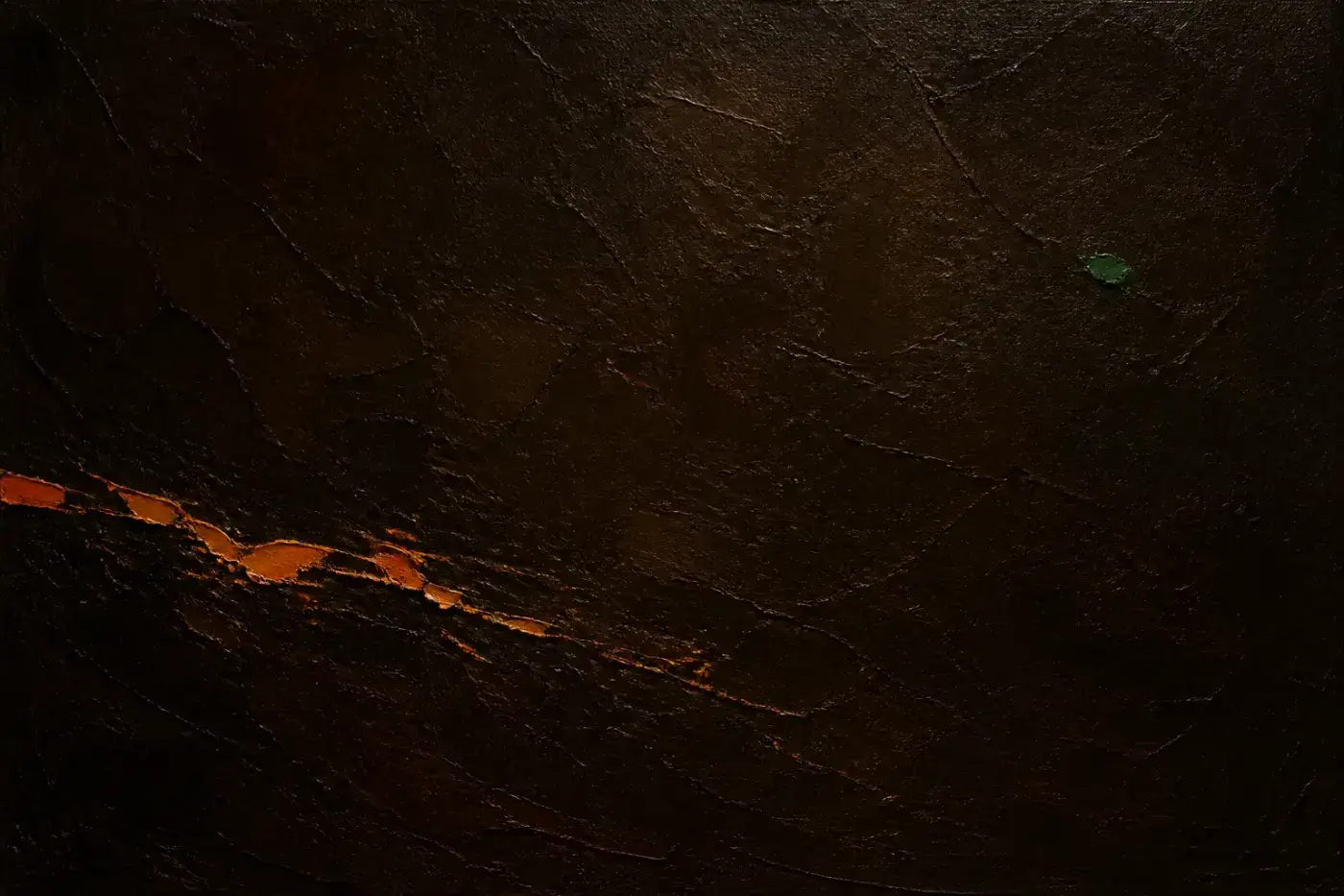 Abstract oil painting — a sparse dark canvas, a broken orange line dissolving into the dark, one distant green fleck