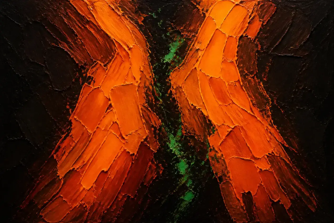 Abstract oil painting — two ascending orange flows squeezing a narrow green stream between them