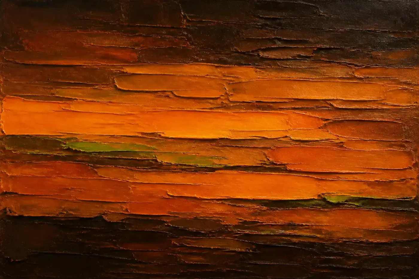Abstract oil painting — calm horizontal orange strata crossed by a few fine green threads