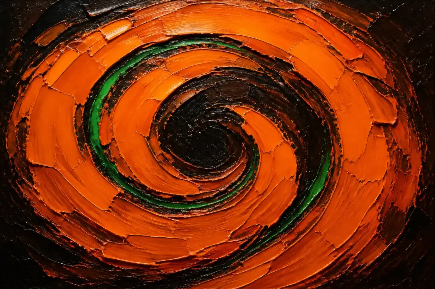 Abstract oil painting — a broad orange coil spiralling inward, a thin green thread tucked along its inner edge